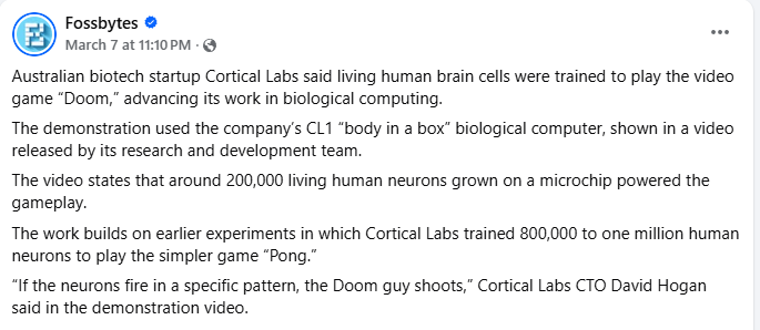 CyberpunkTTRPG's tweet photo. Scientists Trained 200,000 Living Human Brain Cells To Play "Doom" Within A Week #BioTech #BiologicalComputing #NeuronMicroChip #CorticalLabs #BrainOnAComputerChip #Cyberpunk #SyntheticBrain #TTRPG #RPG https://t.co/bKkv50zK1d