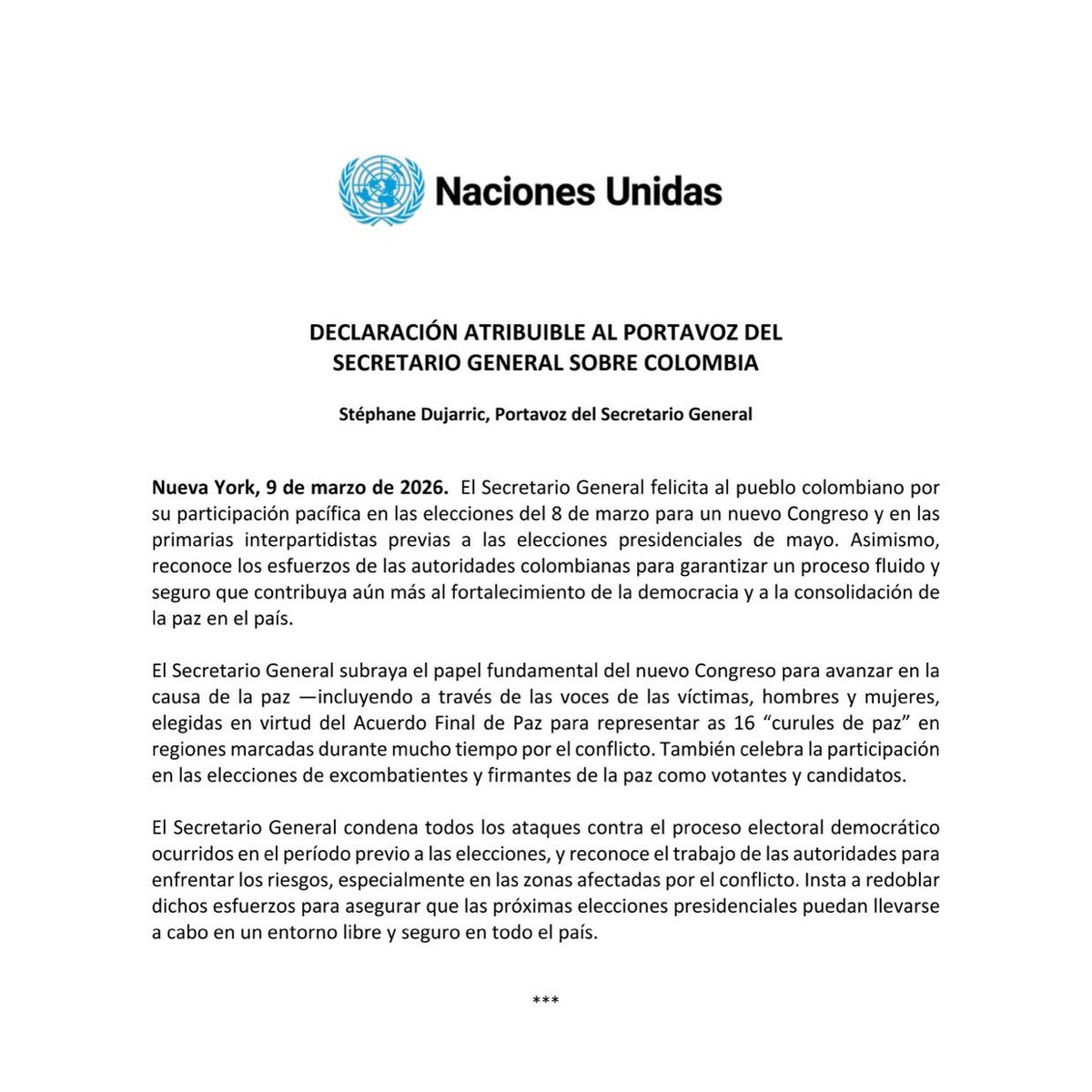 MisionONUCol's tweet photo. #Atención | Secretario General @antonioguterres felicita al pueblo colombiano por su participación pacífica en las elecciones y reconoce los esfuerzos de las autoridades para garantizar un proceso fluido y seguro en favor de la democracia y la paz.
👉 https://t.co/XMKFS7rwlc https://t.co/6Yqzzi1PCC