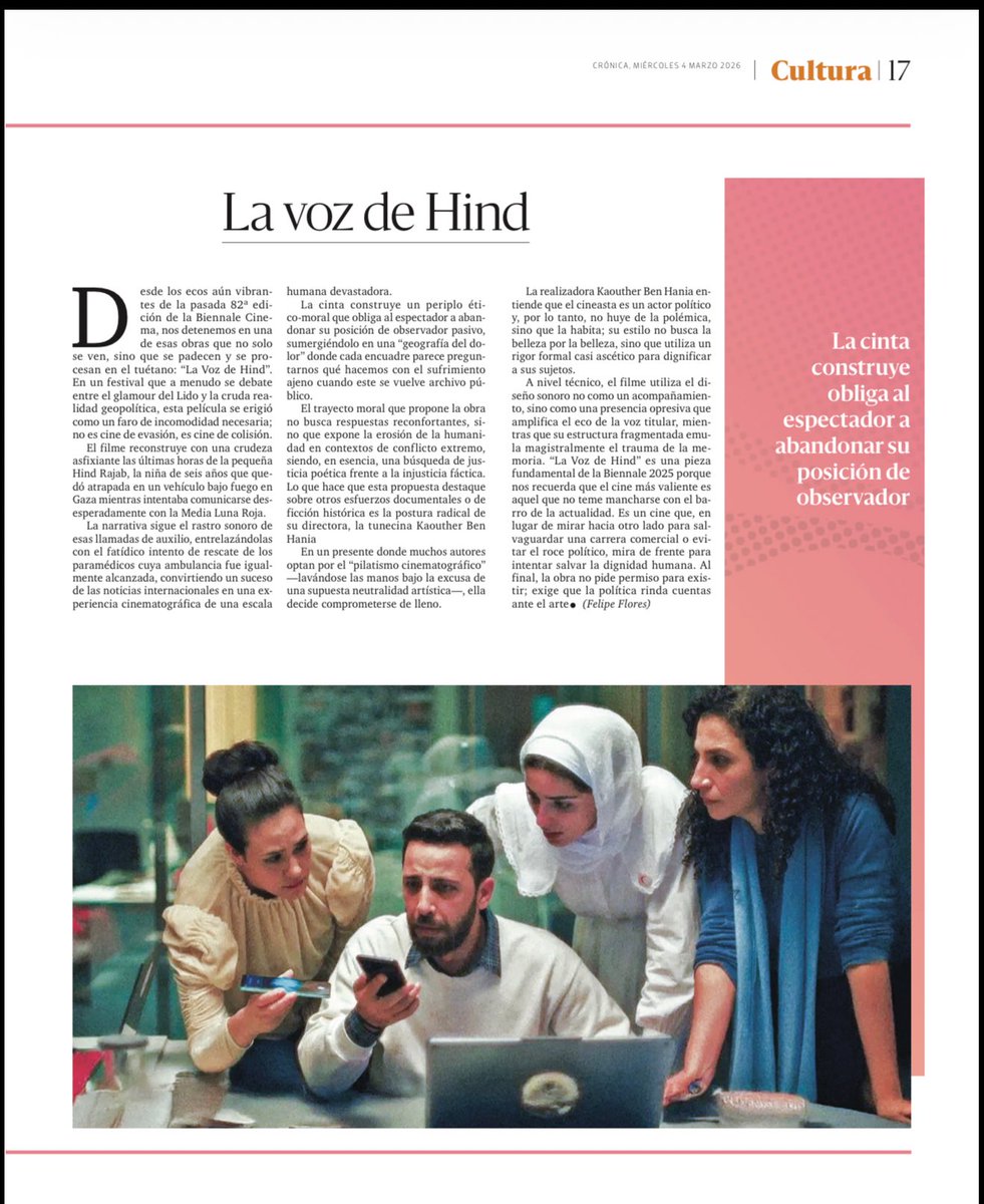 pippeflores's tweet photo. The Voice of Hind Rajab, de la tunecina Kaouther Ben Hania, dio un golpe de realidad en @la_Biennale y Alexander Payne tuvo “respeto” en exceso al no darle el león de Oro en territorio del veneto.

Te dejo mi crítica y análisis para @LaCronicaDeHoy en su versión tapatía https://t.co/y0rGjJBnCm