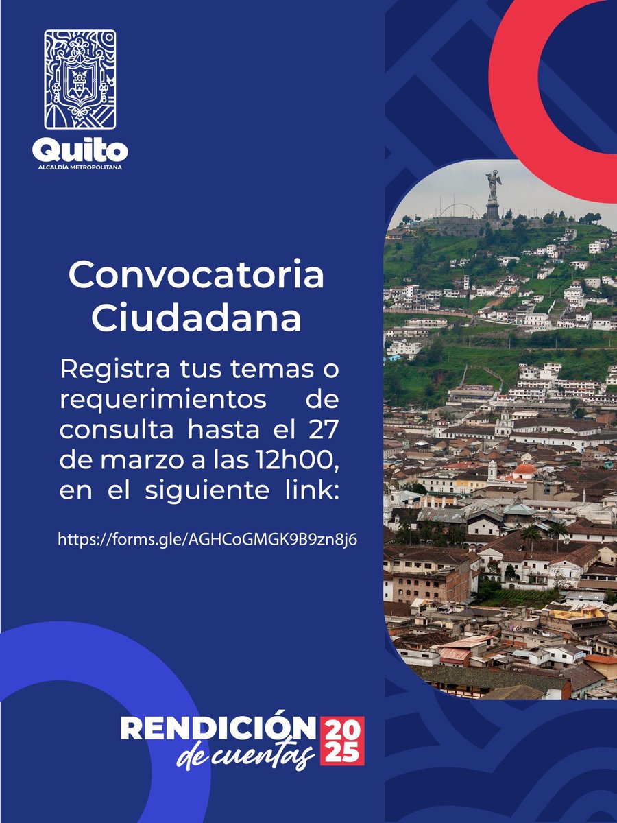 📢 Convocatoria ciudadana
Participa en el proceso de Rendición de Cuentas 2025 del Instituto de Investigaciones de la Ciudad.
Registra tus temas o requerimientos de consulta hasta el 27 de marzo – 12h00.
🔗 forms.gle/AGHCoGMGK9B9zn…

#QuitoRenace
#QuitoNoSeDetiene