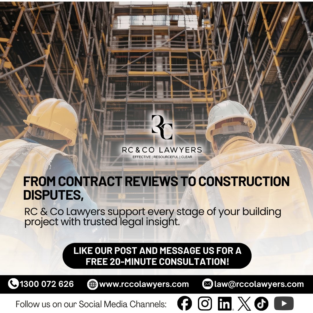 rcco_law's tweet photo. From contract reviews to construction disputes, RC &amp; Co Lawyers support every stage of your building project with trusted legal insight.

Contact RC &amp; Co Lawyers today.

#RCandCoLawyers #ConstructionLaw #BuildingLaw #LegalSupport #ProjectProtection https://t.co/ELFtxtx15h