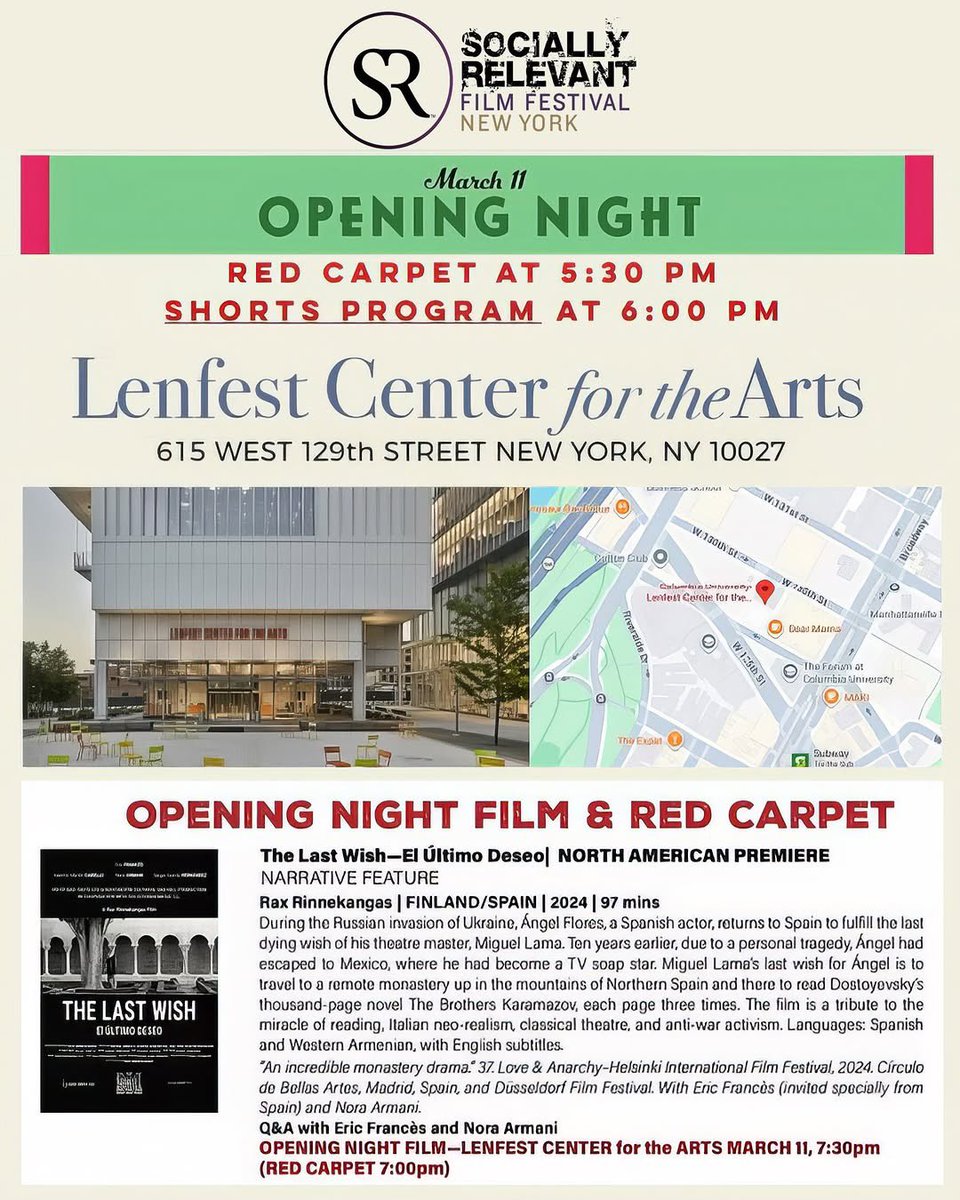 The 13th edition of SR Socially Relevant Film Festival New York

The Opening Night 
Wednesday, March 11
at the LenFest Center for the Arts of Columbia University in New York. 
 
Visit SR at ratedsrfilms.org