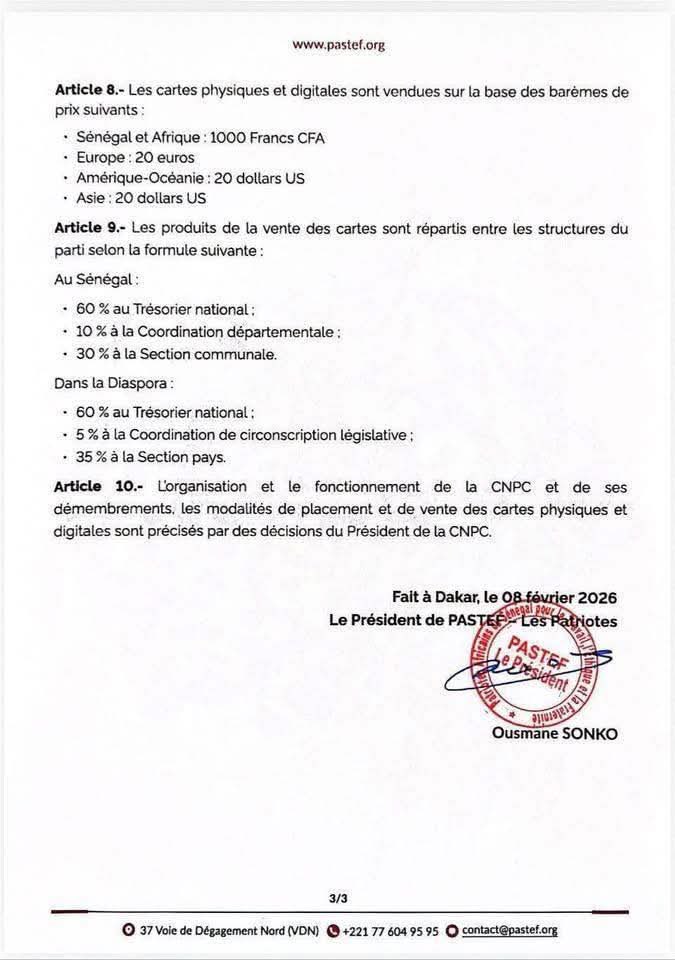 Décision du President Ousmane SONKO portant création d’une commission nationale de placement des cartes de membre de Pastef Les Patriotes