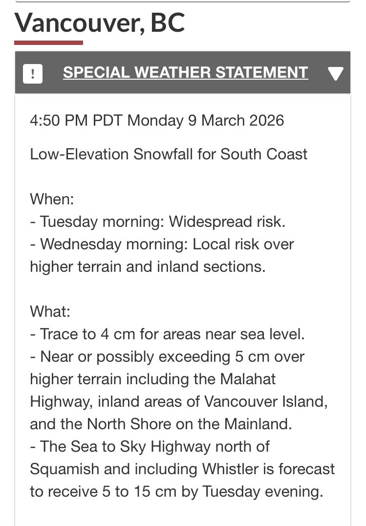 MarkShumas's tweet photo. Updated Special Weather Statement and forecast for Metro Van, Tri-Cities, and Sea to Sky Hwy, from Env Canada https://t.co/NasQ1v5i3y