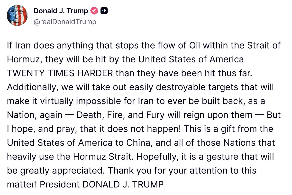 x7meer's tweet photo. JUST IN: 🇺🇸🇮🇷 US President Trump warns Iran will be hit "TWENTY TIMES HARDER" if they stop oil flow in Strait of Hormuz. https://t.co/I4PMpOKHbW