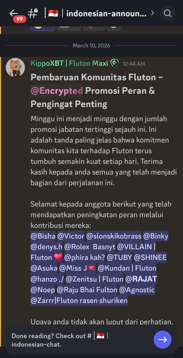 gFluton <a href="/FlutonIO/">Fluton</a>

Yeay, aku baru aja mendapatkan role Encrypted 🖤

Rasanya senang banget bisa sampai di titik ini bersama komunitas #Fluton

Buatku pribadi, dalam sebuah projek yang kita bangun bersama, penting sekali ada rasa nyaman antara tim dan komunitas. 

Dari situlah
