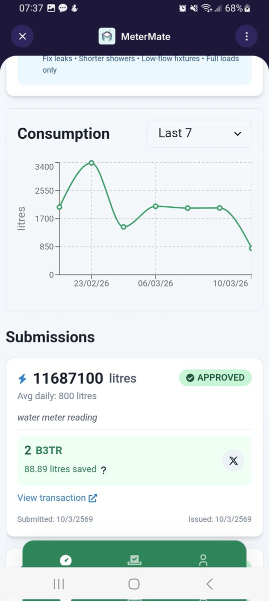 MyuraPhasu73047's tweet photo. I've just earned 2 B3TR for saving 88.89 kWh of energy! Join the movement & turn savings into real rewards! ๐ #MeterMate #B3TR #SustainableLiving #EnergyRewards #VeBetterDAO #EnergySavings #Blockchain #VeChain https://t.co/1ETGUGuj5N https://t.co/c0UaVpVTBC