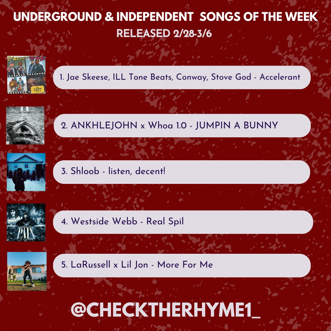 checktherhyme1_'s tweet photo. 🏆 Top 10 Underground & Independent Songs: 2/28-3/6

Jae Skeese, ILL Tone Beats, Conway, Stove God
ANKHLEJOHN x Whoa 1.0
Shloob

Westside Webb
LaRussell x Lil Jon
La Reezy
Steph Simon x Dometrius
Grand Nationxl, Mani Draper, Kevin Allen, Ekazakt
Marqus Clae x !llmind
Billie Essco, Dough Networkz, Local Astronauts, Osbe Chill
