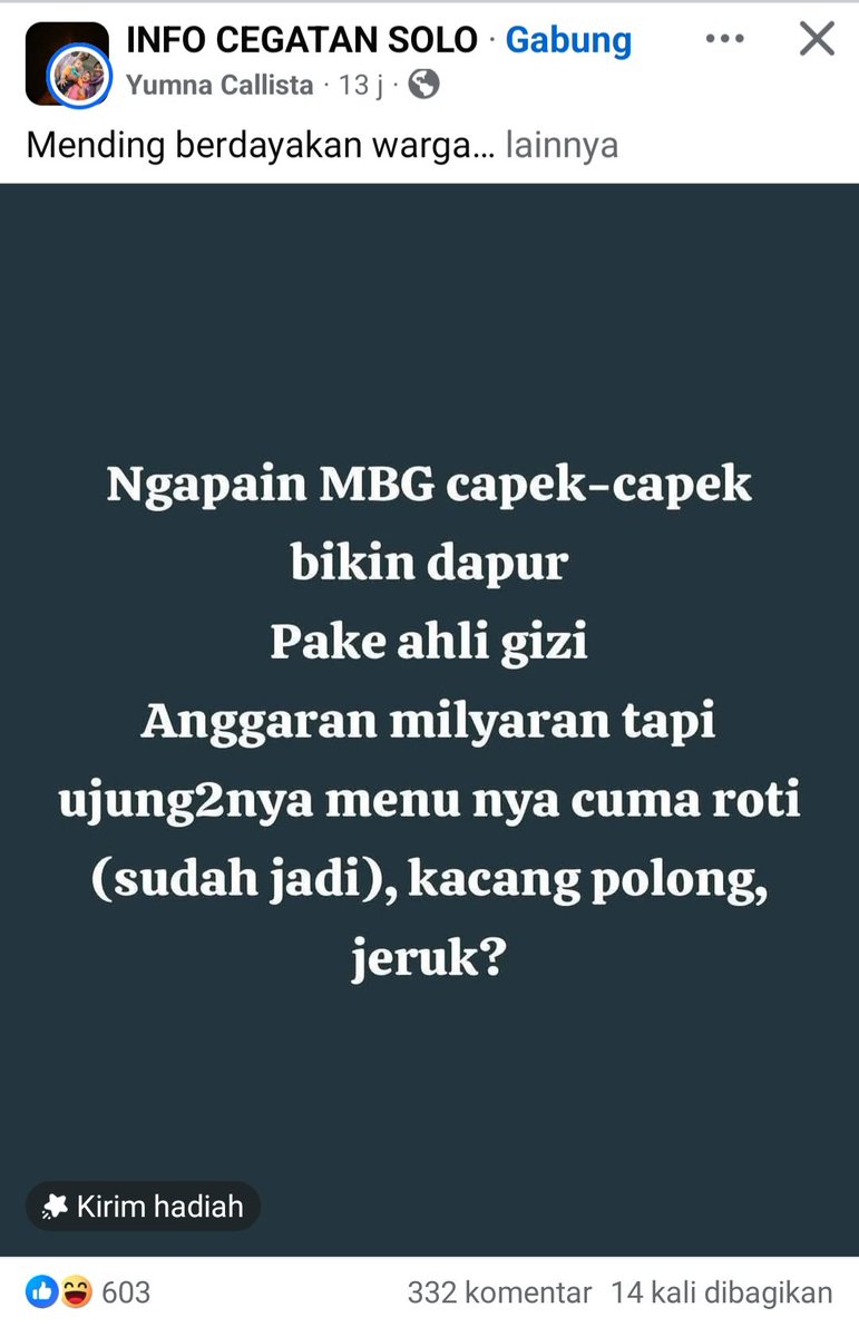 Bikin Gedung Dapur MBG 
Beli mobil oprasional
Menu nya jajanan pasar.
Gagal paham