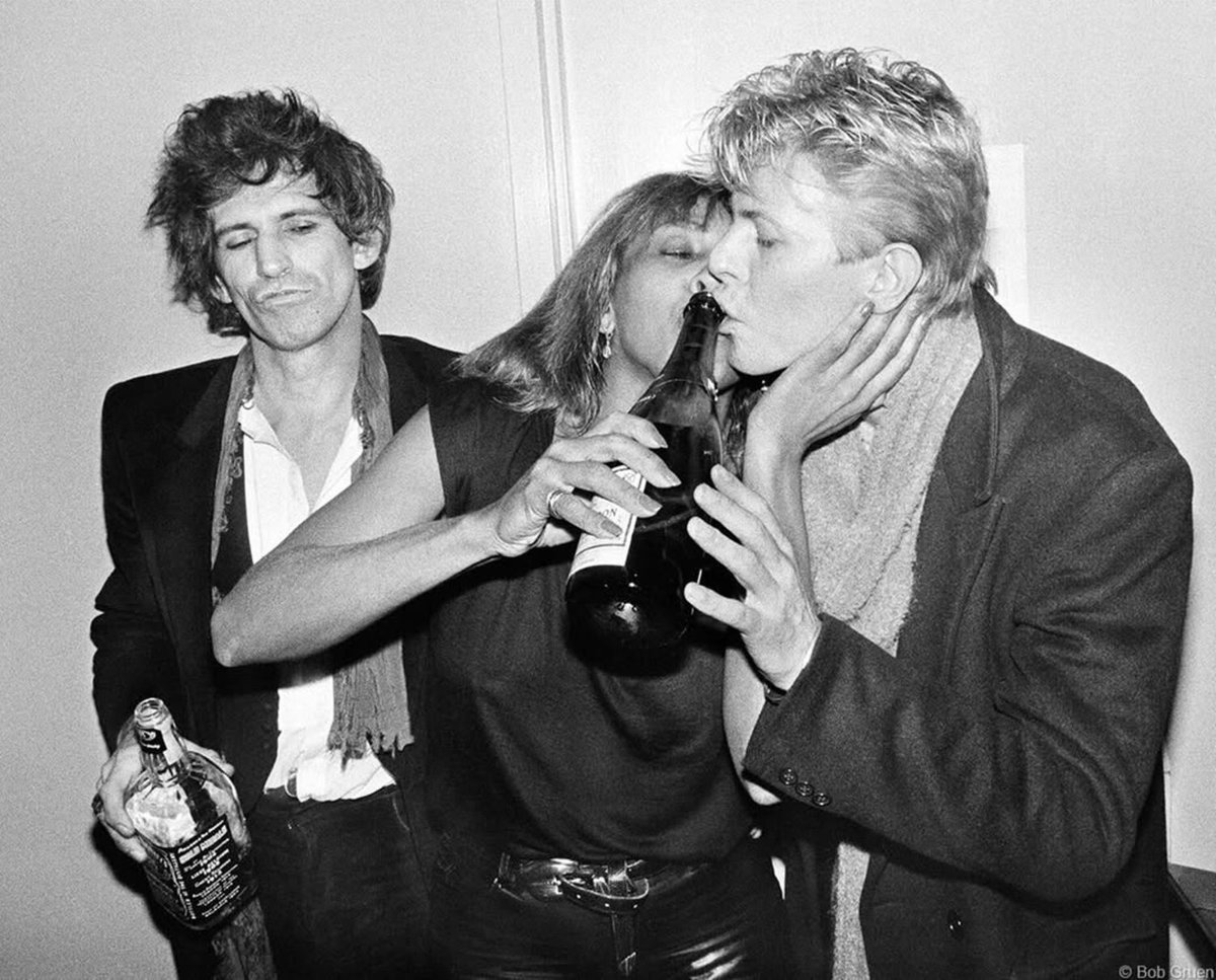 nicotinearchive's tweet image. Keith Richards, Tina Turner and David Bowie in New York City (1983)