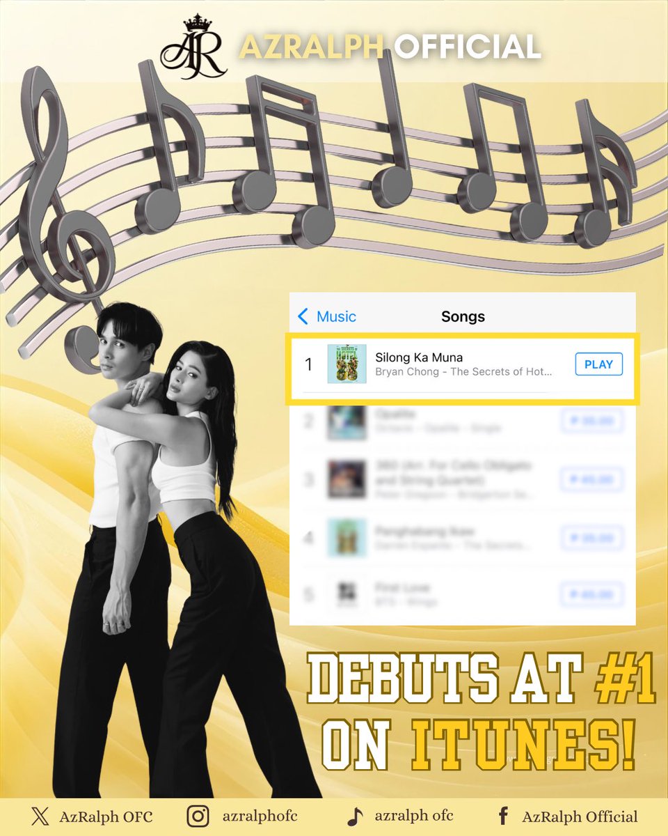 AzRalphOFC's tweet photo. CHART-TOPPING POWER, RAZZLES!!! 🎉🔥

“Silong Ka Muna” by Bryan Chong, part of The Secrets of Hotel 88 soundtrack, has officially DEBUTED at #1 on the iTunes Chart in less than 10 hours after a glimpse of MartSari’s rain scene during last night’s episode! 💛💛

The love for Sari and Martin continues to make waves everywhere! ✨

Congratulations to Bryan Chong, and to AZ and RALPH for bringing Martin and Sari to life. Let’s keep streaming and celebrating!

#MartSari #AZRalph
#TheSecretsOfHotel88