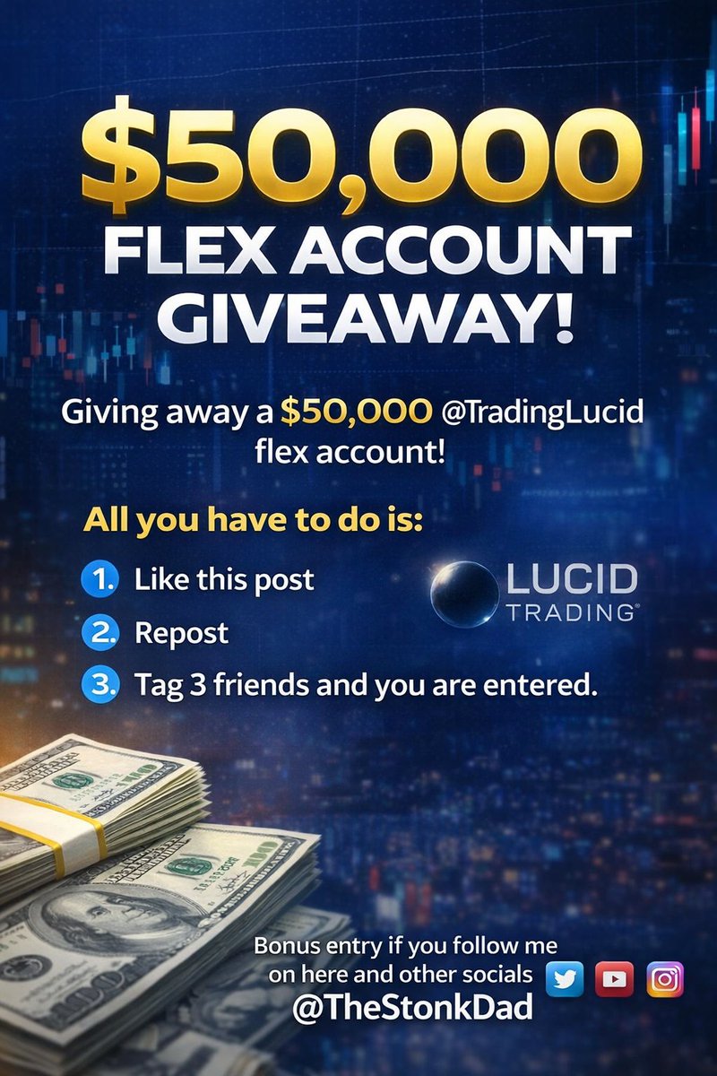 Giving away a $50,000 <a href="/TradingLucid/">Lucid Trading</a> flex account!

All you have to do is:

1. Like this post
2. Repost
3. Tag 3 friends and you are entered.

Bonus entry if you follow me on here and other socials <a href="/TheStonkDad/">Alex Johnson</a>