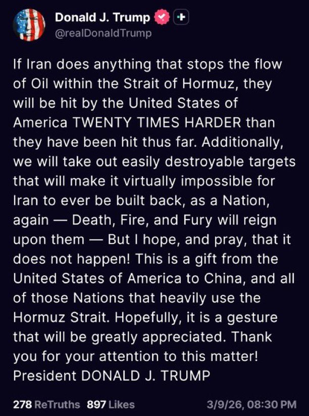 ترامب يحذر إيران: الموت والنار إذا أوقفت تدفق النفط عبر مضيق هرمز