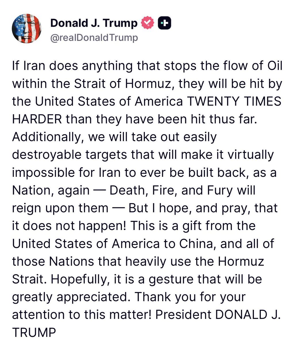 GUnderground_TV's tweet photo. 🚨BREAKING: Trump implicitly threatens to target Iran’s civilian infrastructure to make it ‘VIRTUALLY IMPOSSIBLE’ for Iran to be built back as a nation, if Iran attacks ships in the Strait of Hormuz. 

The US’ war to ‘liberate the Iranian people’ reveals itself to be the war to annihilate the Iranian people.