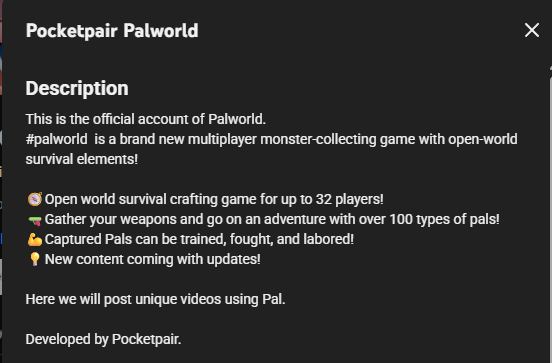 skyydraw's tweet photo. @Dexerto They copied the youtube channel's description of Palwold and forgot to change the name of creature ... https://t.co/iMddJyd0nl