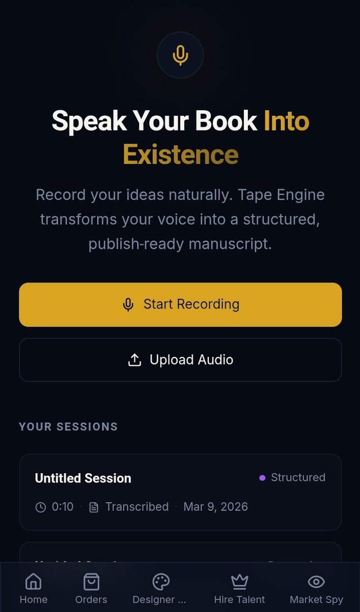 Tapeengine's tweet photo. Writing a book used to take months.
Now you can just talk.
Tape Engine turns your voice into a structured, publish ready manuscript.
Record your ideas.
Speak naturally.
Your book starts writing itself.
Speak your book into existence.
#AI #WritingCommunity #BuildInPublic #Creators #IndieAuthors #AItools