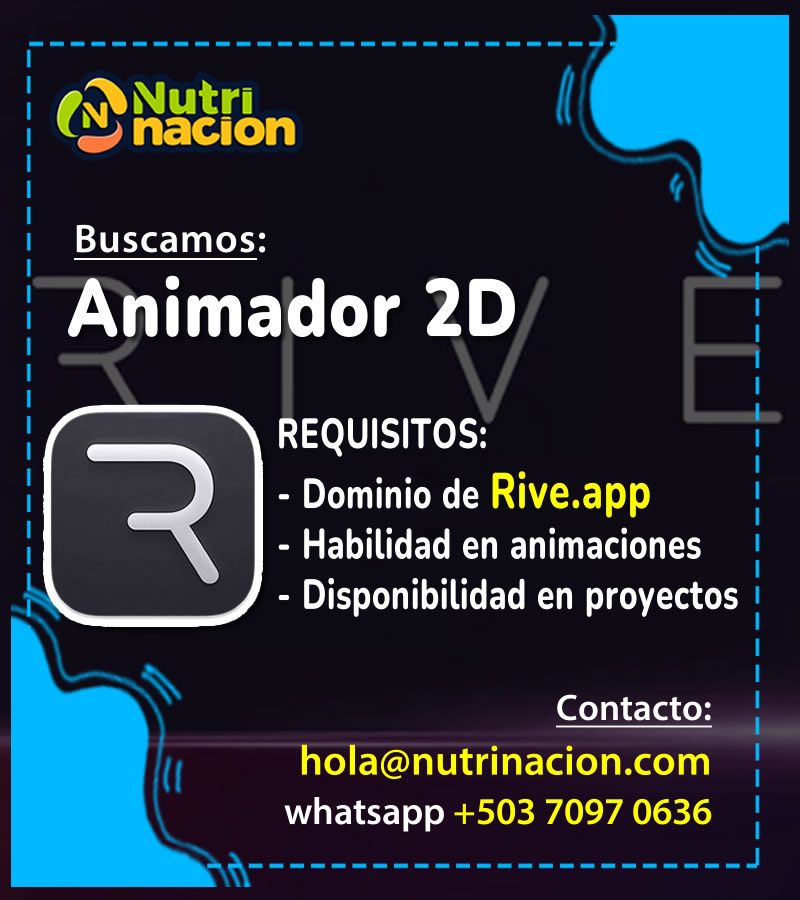 nutrinacion_'s tweet photo. Buscamos animador 2D en #Riveapp

Si tienes habilidades y conocimientos en animaciones, contáctanos para una reunión: correo hola@nutrinacion.com o whatsapp +50370970636.

#Rive #Animador #RiveAnimation #2DAnimator #MotionGraphics #Animation #MotionDesign https://t.co/EUOU0NUvL9