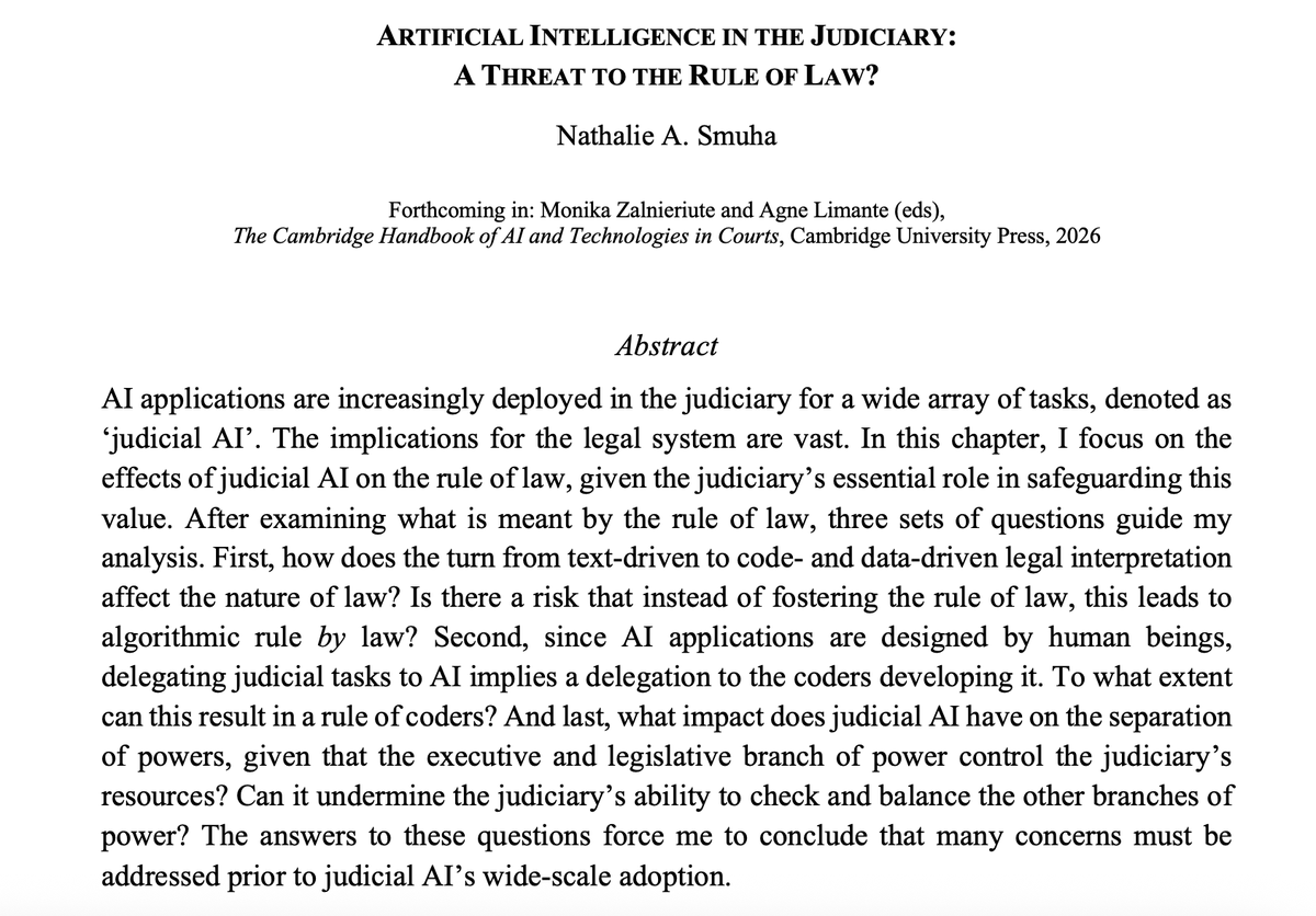 NathalieSmuha's tweet photo. New preprint on the use of #AI in the #judiciary: can this be reconciled with the #ruleoflaw? 

I identify several concerns &amp; argue for caution to avoid that access to 'justice' turns into mere access to 'judgments', regardless of their merits.

Link: https://t.co/v4heswhpzV https://t.co/vXS6UqF1RP