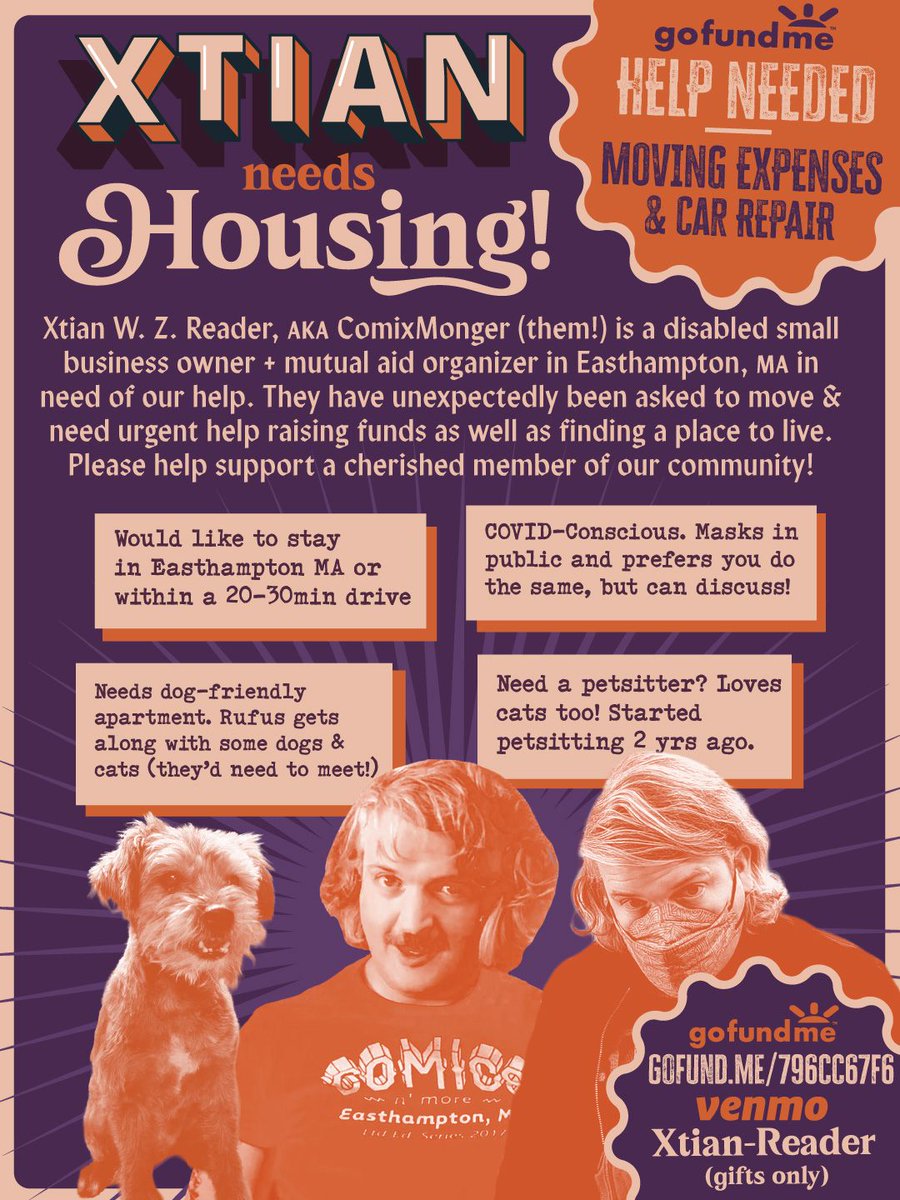 ComicsNMore's tweet image. Hey do you live in western Massachusetts? Let me live with you! Do you know anybody looking for a sweet roommate? I work a lot, and I have a dog. He rocks! I like reading and cooking food. I mask all the time and my store masks too. I need a place to live, the sooner the better.