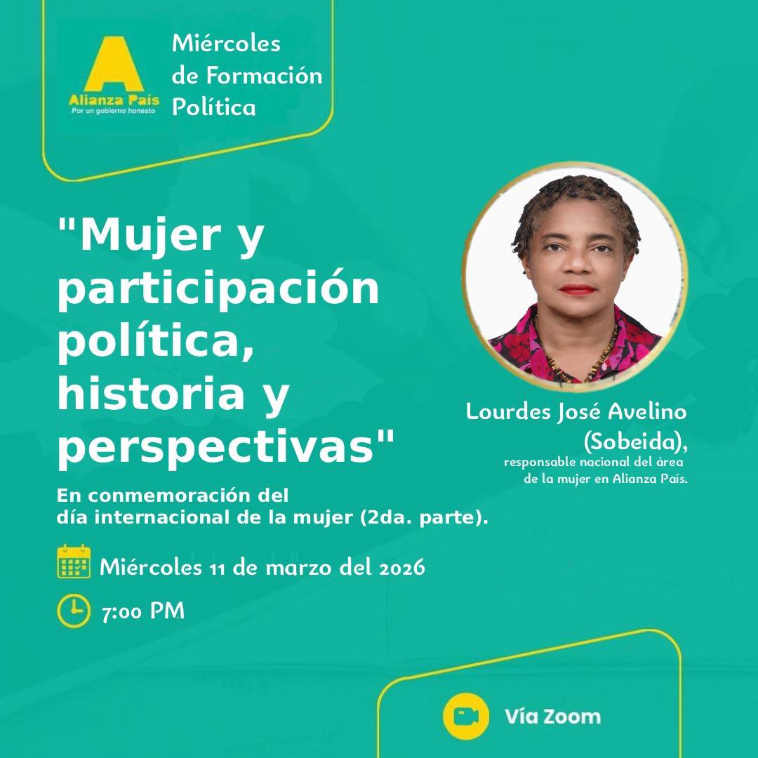 Alianzapaisdn's tweet photo. Por el Día Internacional de la Mujer, seguimos generando espacios para reflexionar sobre el papel de las mujeres en nuestro país.

“Mujer y participación política: historia y perspectivas”

Lourdes José Avelino (Sobeida)
Miércoles 11 de marzo
7:00 PM Vía Zoom
#8M #AlianzaPaísRD https://t.co/Tg5ifGPnql
