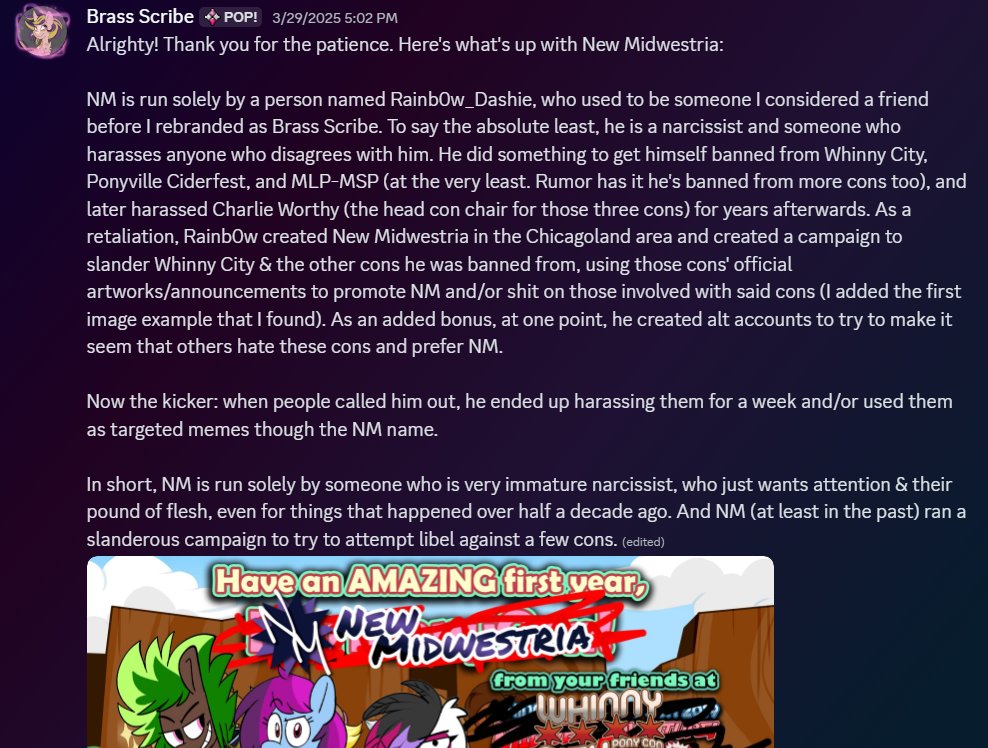 BrassScribe's tweet photo. I said this before, and I will say it again. Please do NOT support New Midwestria. I used to know the founder for almost a decade, so I know the reasoning for this existing, and let me tell you, it's arguably worse than any Mare Fair or BABSCon stuff
🧵going into more deets below https://t.co/R3PyfpVGgY