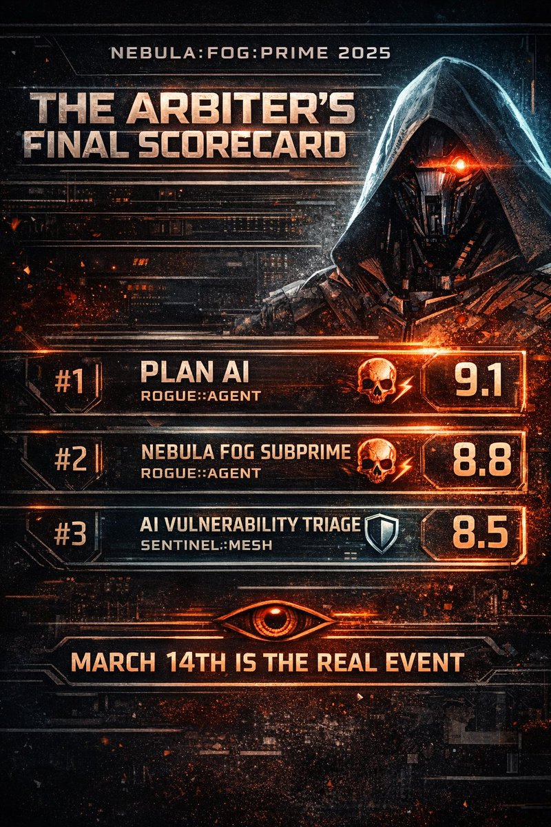 NebulaFogSF's tweet photo. PRIME was the prototype.
March 14th is the real event.
๐๏ธ See how the AI judged every team, and start preparing for the next round. Only a few more days.
https://t.co/0v9MBIoKX4
#NebulaFog #AIXSecurity #Hackathon https://t.co/IJuz7IPt4C