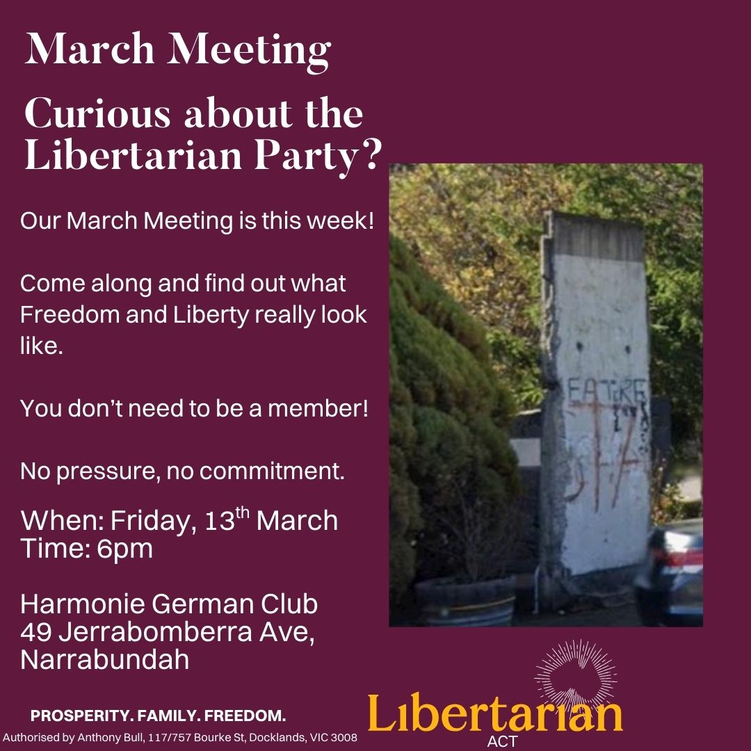 libertarianact's tweet photo. There's a piece of the Berlin Wall outside a pub in Narrabundah. We're meeting there Friday night.
Come have a conversation about freedom. No membership needed, no pressure.
π Harmonie German Club | Fri 13 March, 6pm
#LibertarianACT #Canberra #Freedom #ACTPolitics https://t.co/SUJg2MboLO