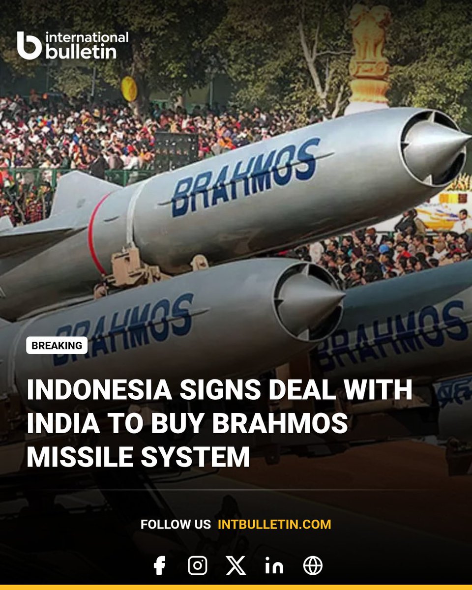 intbulletin's tweet photo. Indonesia has signed an agreement with India to procure the BrahMos missile system as part of its efforts to modernize military hardware and strengthen maritime defense capabilities. According to reports, the deal could be worth between $200 million and $350 million. https://t.co/p9PNXNd5kH