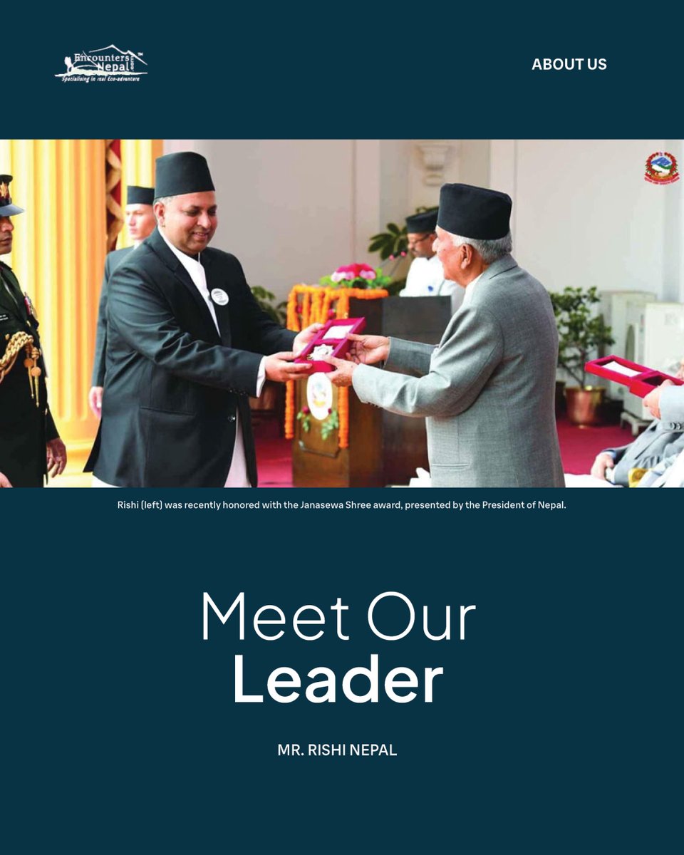 rishinepal's tweet photo. From walking 2 hours to school barefoot in the Himalayas to receiving the Janasewa Shree award from the President of Nepal, Rishi Nepal’s journey is legendary! 
#RishiNepal #EncountersNepal #JanasewaShree #NepalTrekking #Everest2026 #SustainableTravel #MountainLegend #VisitNepal https://t.co/BQYK9Gwq0p