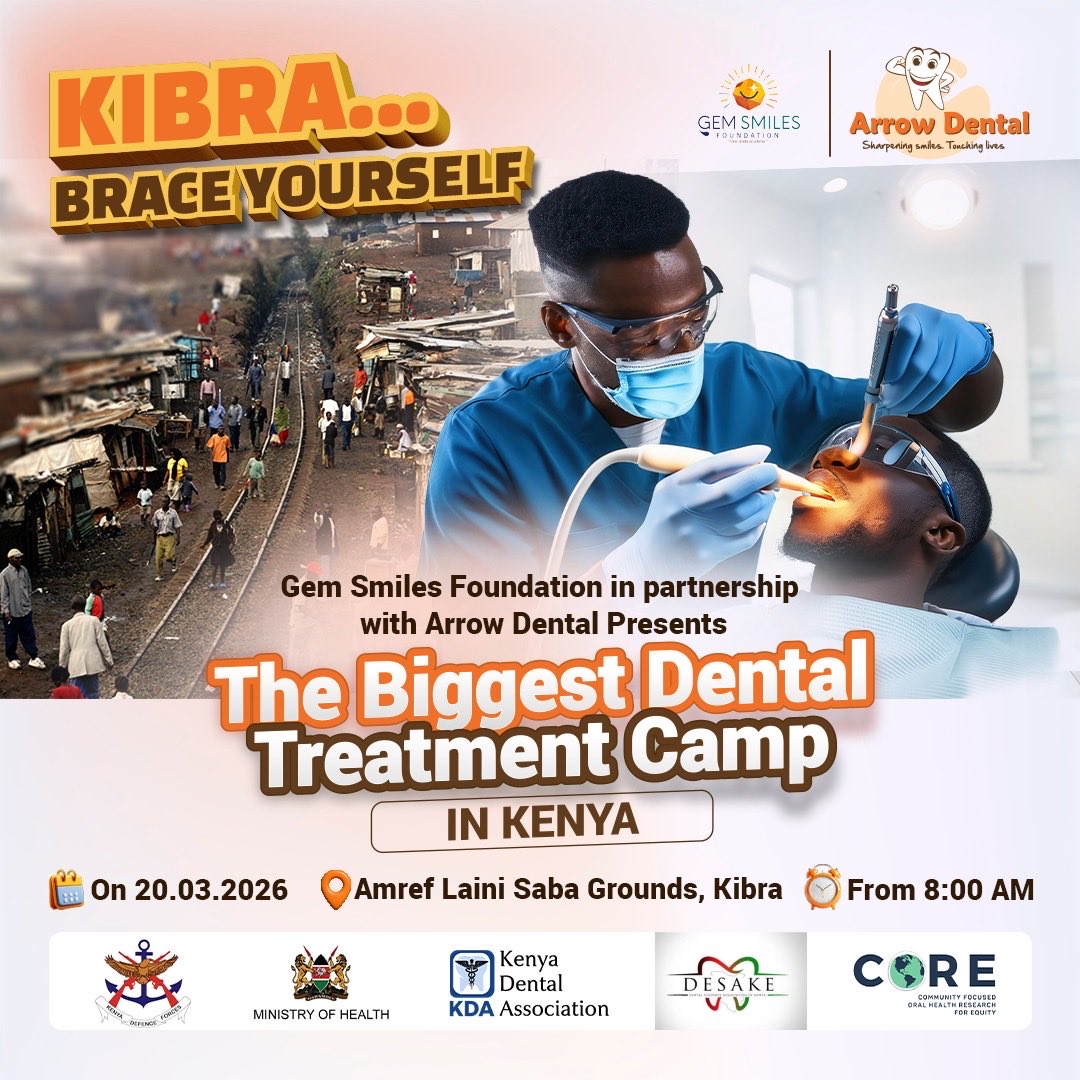 𝗞𝗜𝗕𝗥𝗔…𝘁𝘂𝗻𝗮𝗸𝘂𝗷𝗮 𝗸𝘂-𝘀𝗵𝗮𝗸𝗲 𝗴𝗿𝗼𝘂𝗻𝗱🔥!

On 20th March 2026, <a href="/Arrow_Dental/">Arrow Dental Centre</a> and Gem Smiles Foundation bring excellence in dental care — for 𝗙𝗥𝗘𝗘!

Join us for the biggest dental treatment camp in Kenya as we celebrate World Oral Health Day 2026.

Services