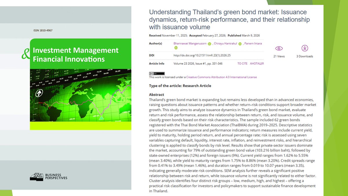 imfi_journal's tweet image. 🔗lnkd.in/d_998miB
📝 Understanding #Thailand’s green bond market: Issuance dynamics, #return-risk performance, and their relationship with #issuance volume
👥 Bhannawat Wanganusorn, Chirayu Hantrakul, Panern Intara