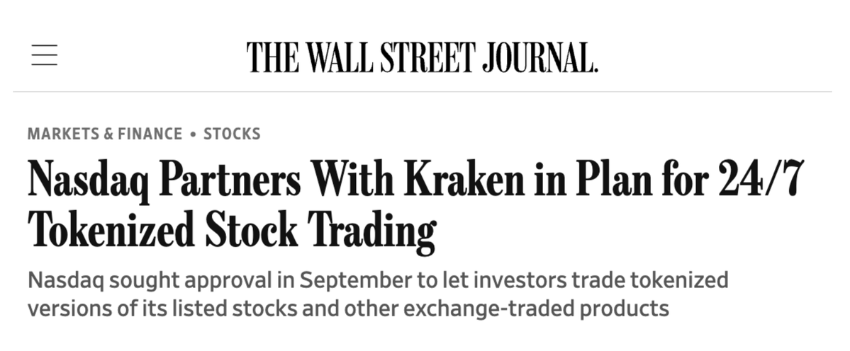 静かにヤバいことが起きています。
⠀
ナスダックがクラーケンと提携し、トークン化された株式の24時間365日取引を可能にします。

一番ヤバいのは、これがクラーケン上で動くという点。

伝統的なブローカーではなく、暗号資産取引所が選ばれたんです。