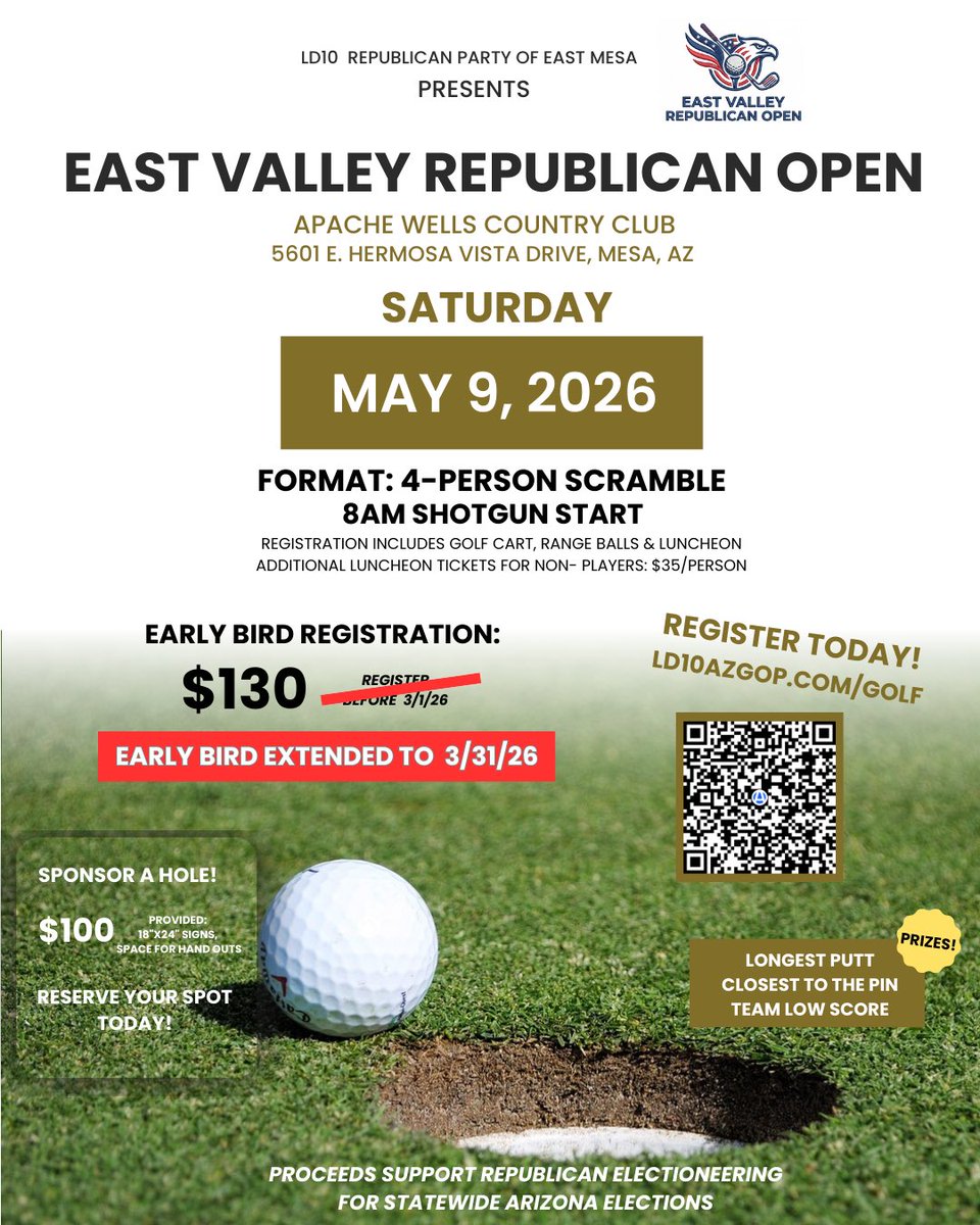 LD10AZGOP1's tweet photo. Come to the East Valley Republican Open!! 

Early bird pricing has been extended to 3/31/2026. This is your sign to sign up now and enjoy a morning of golf with other patriots in your community!! Visit https://t.co/9GDGqJuXTD to register!⛳️🇺🇸 https://t.co/YPnkqKlIck