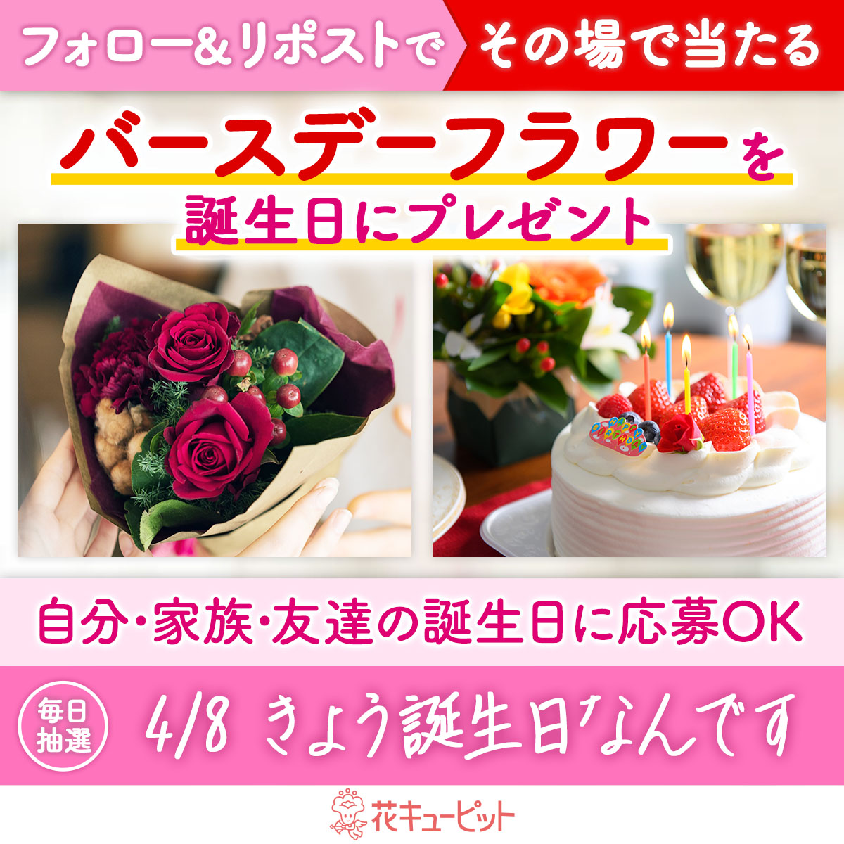 i8791's tweet photo. ／
フォロー＆リポストキャンペーン
その場で当選！お花プレゼント🌸
＼
#きょう誕生日なんです 🎉
#花キューピット が当日配達でお祝い

🎁毎日抽選🎁
1️⃣@i8791をフォロー
2️⃣4/8 10:00迄に本投稿をリポスト
当選者に即DM😊
昼12時までに贈り先を入力✍
https://t.co/7EiVkPAJiq https://t.co/H8kLPAsqTz