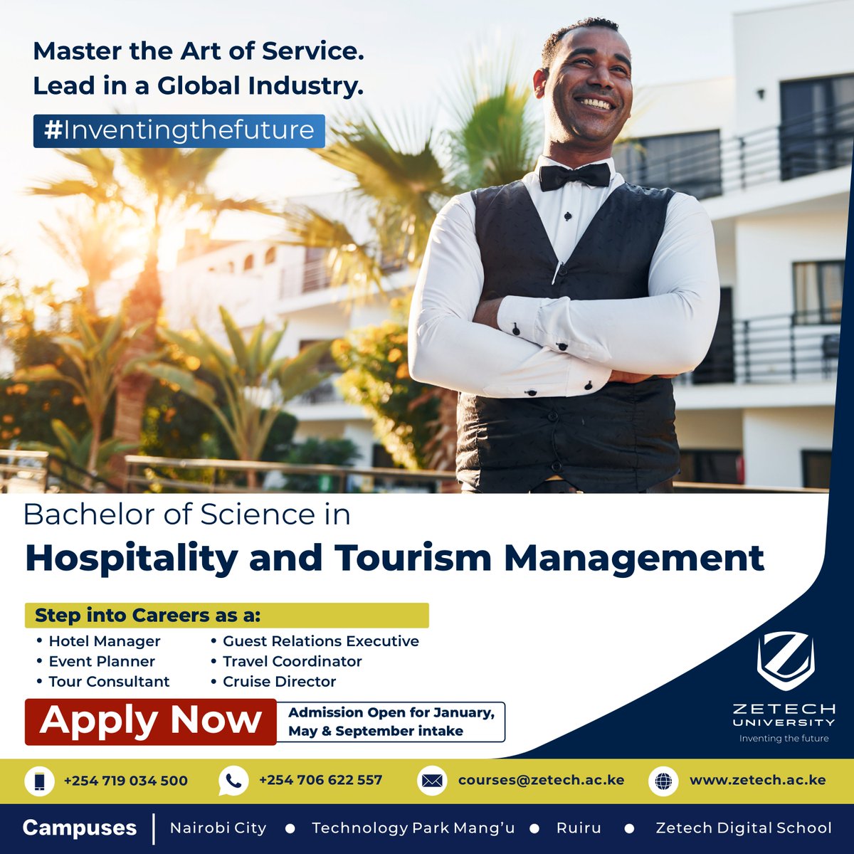 ZetechUni's tweet photo. Love travel, people, and creating great experiences? 🌍✈️
Turn that passion into a career with a Bachelor of Hospitality & Tourism Management.
🎓 May Intake is ongoing
Apply today 👉 https://t.co/ur8zwotNxU
#MayIntake2026 #InventingTheFuture #ZetechUniversity https://t.co/y01Hqnusmz