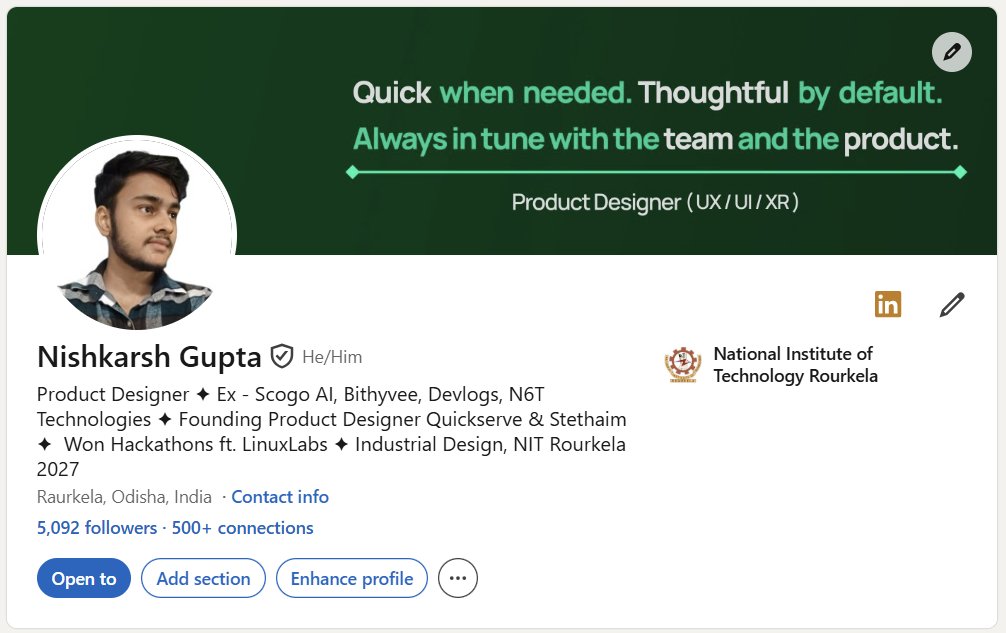 Nishkarsh_UX's tweet photo. Just crossed 5K followers on LinkedIn. 

Grateful for everyone engaging with the UX insights, learnings, and resources I share.More UX content coming soon. 

Let’s connect 🤝

#UXDesign #ProductDesign #DesignCommunity #UIDesign #UXLearning https://t.co/YYsT6vifLD