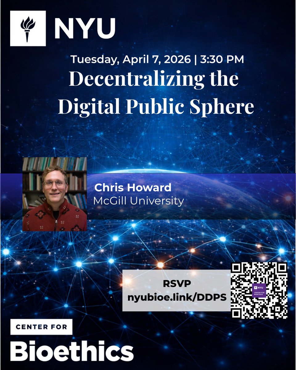NYU_Bioethics's tweet photo. Who should control the digital public sphere?
Join Chris Howard for a talk on why the legitimacy of platform power may depend on network architecture and why decentralized platforms could reshape online governance. 4/7 @ 3:30PM 
RSVP: https://t.co/s2U3twiT1o https://t.co/jffv1iADYv