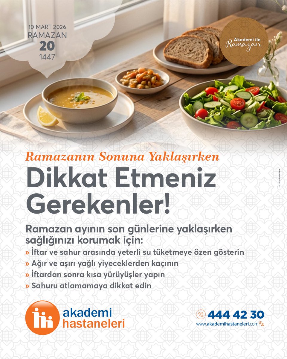 Ramazan ayının bitmesine sayılı günler kala sağlığınıza dikkat edin. Detaylar postumuzda 👆#akademihastaneleri #akademimeramhastanesi #akademikonyahastanesi #ramazandasağlık