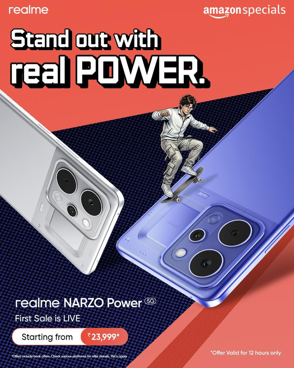 Power that keeps up with your day. 10001mAh battery with a 144Hz display and 6500 nits brightness starting from ₹23,999. Offer live for 12 hours only.
#realmeNarzoPowerSaleIsLive