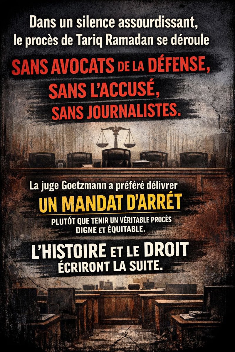 🔴 Alors que Tariq Ramadan était hospitalisé, un mandat d’arrêt a été délivré.

Résultat : un procès sans l’accusé, sans ses avocats, sans journalistes.

Peut-on encore parler de procès équitable quand la défense ne peut ni être présente ni se faire entendre ?

Depuis des années,