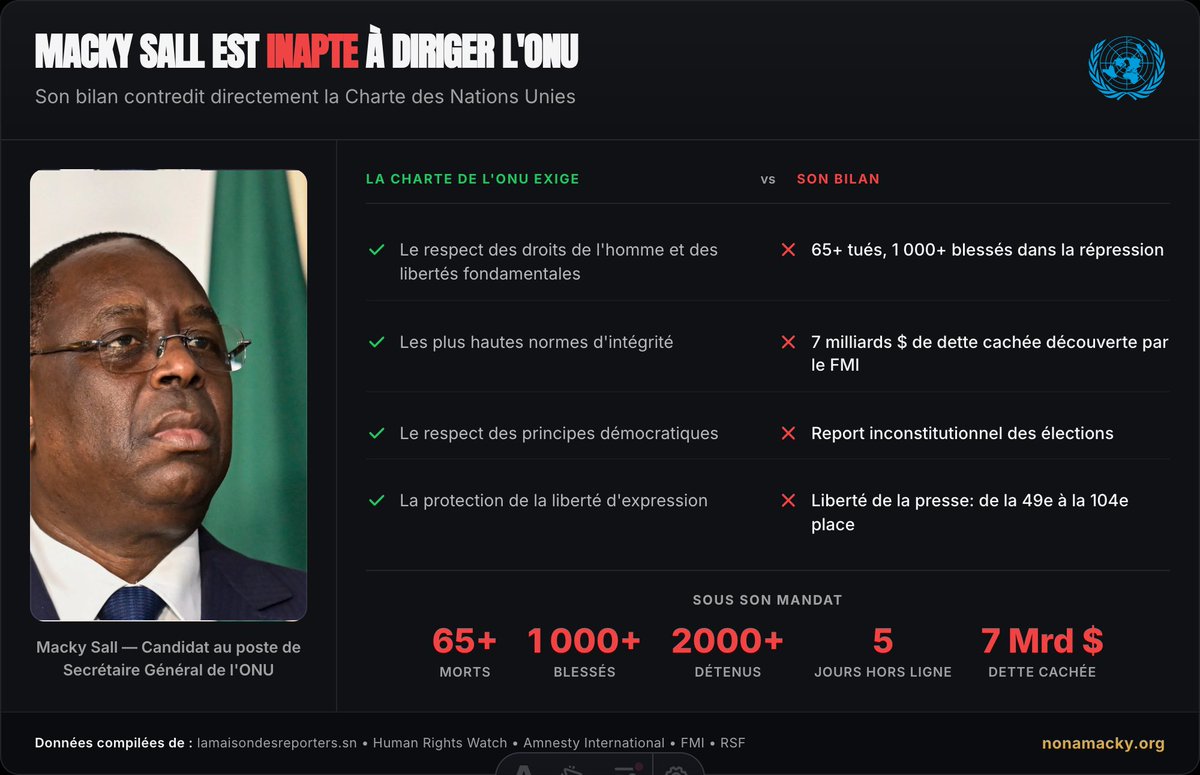 Découvrez pourquoi Macky Sall est inapte au poste de Secrétaire général de l'ONU. nonamacky.org #StopMackySall