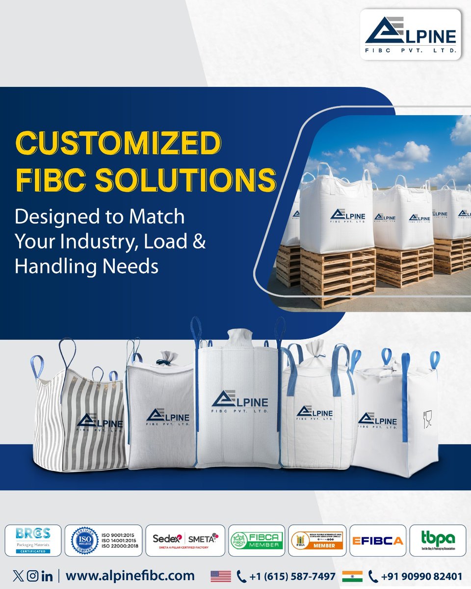 alpinefibc's tweet image. Our customized FIBC solutions are engineered to match your specific load capacity, safety standards, and operational needs.

📞 90990 82401 | USA +1 (615) 587-7497
📧 sales@alpinefibc.com
🌐 alpinefibc.com

#AlpineFIBC #IndustrialPackaging #CustomizedSolutions