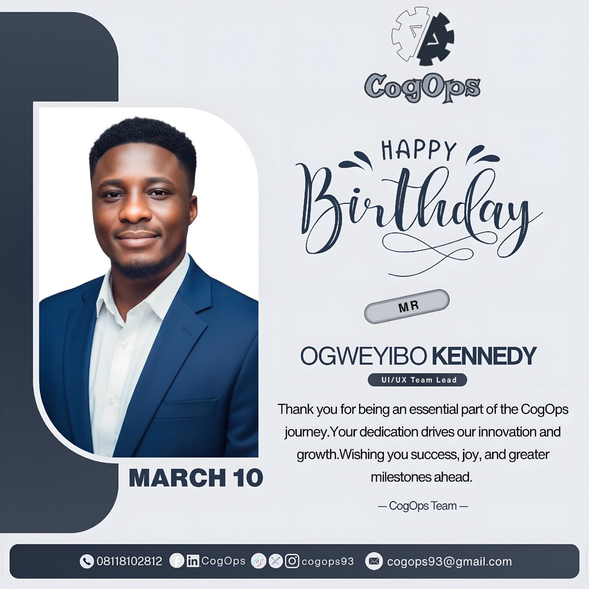 CogOps93's tweet photo. Happy Birthday to our UI/UX visionary, Ogweyibo Kennedy! ๐ฅณ๐จ
Your eye for detail and dedication to innovation make the CogOps journey so much brighter. Wishing you a year filled with major milestones, and endless joy! ๐ฅ๐
#HappyBirthday #CogOps #DesignLeader #UIUX https://t.co/hmIGJKVsWl