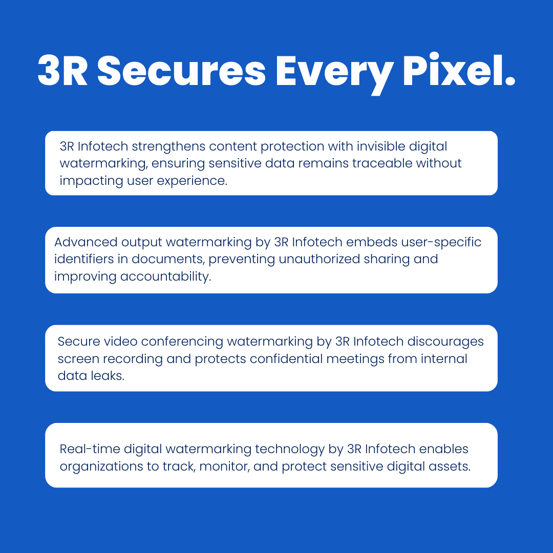 3RInfotech's tweet image. In today’s digital world, one click can expose everything. We follow the ideology of prevention is better than cure.
 
Watermark today. Prevent breaches now. Protect your Digital Ecosystem with 3R.

#3RInfotech #IPProtection #DigitalWatermarking #DataProtection