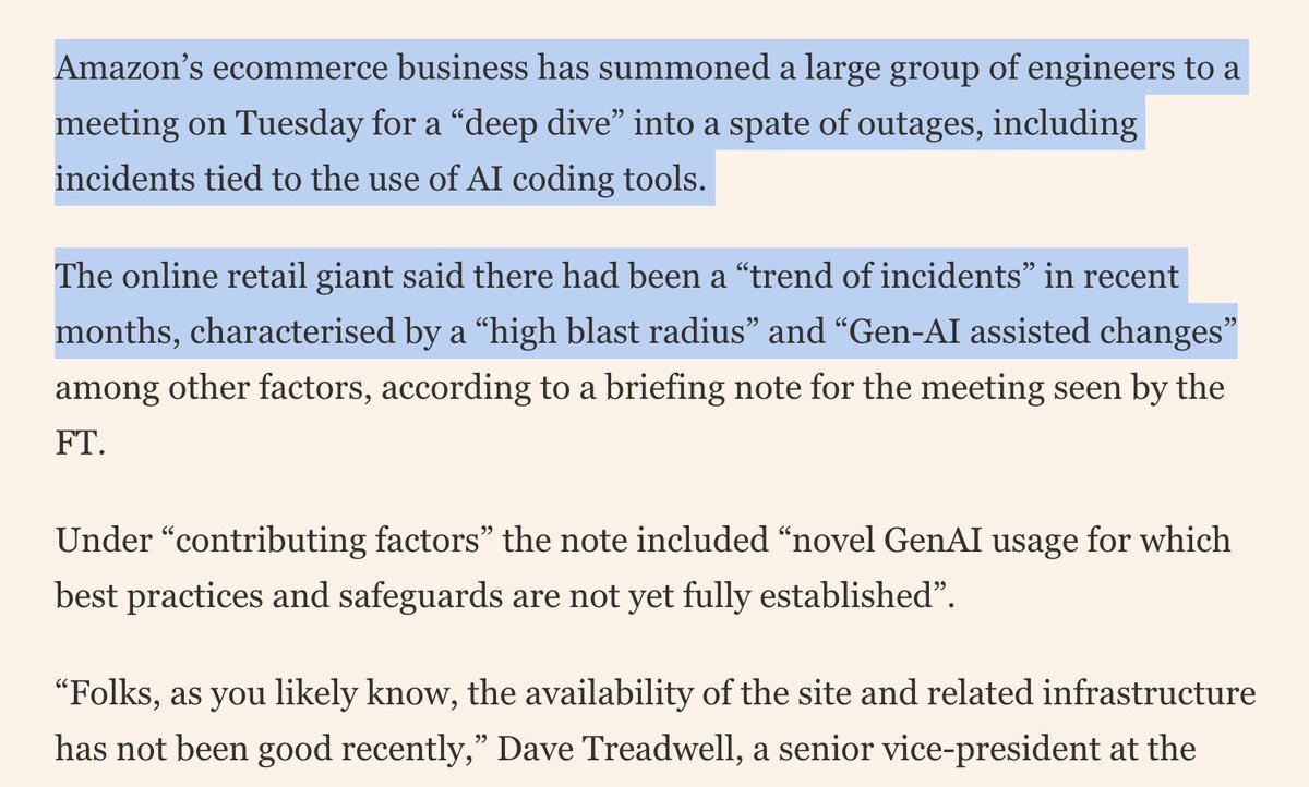 Amazon is holding a mandatory meeting about AI breaking its systems. The official framing is "part of normal business." The briefing note describes a trend of incidents with "high blast radius" caused by "Gen-AI assisted changes" for which "best practices and safeguards are not