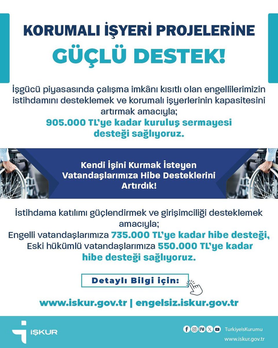 📢Kendi işini kurmak isteyen engelli ve eski hükümlü vatandaşlarımıza yönelik hibe desteği başvuruları için son 3 gün❗

🗓️Son Başvuru Tarihi: 13 Mart 2026

➡️Detaylı bilgi için:
🔗iskur.gov.tr |engelsiz.iskur.gov.tr 

#HibeDesteği
#KorumalıİşYeriProjesi