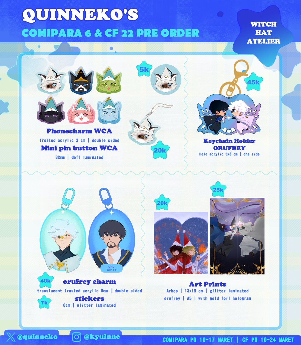[🔁+♥️are appreciated!] Here's my Pre-order #Comipara6 &amp; #Cf22
📅PO cmpr:10-17 mar
📅PO cf:10-24 mar
🛒Pick Up Both Days &amp; Mail Order

Fandom : Dungeon Meshi, Frieren, Haikyuu, Kaiju no 8, NANA, SKZ (Jilix), Wind Breaker, Witch Hat Atelier
#cf22catalog
🔗 LINK ORDER BELOW⬇️
(1/4)