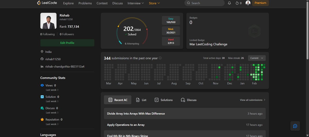 Rishab25361722's tweet photo. Just crossed 200+ problems solved on LeetCode ๐
202 solved
Easy: 169
Medium: 30
Hard: 3
Consistency > motivation.
On to the next milestone ๐ฏ
#LeetCode #DSA #100DaysOfCode #CodingGita https://t.co/IUlxY6Oc9U