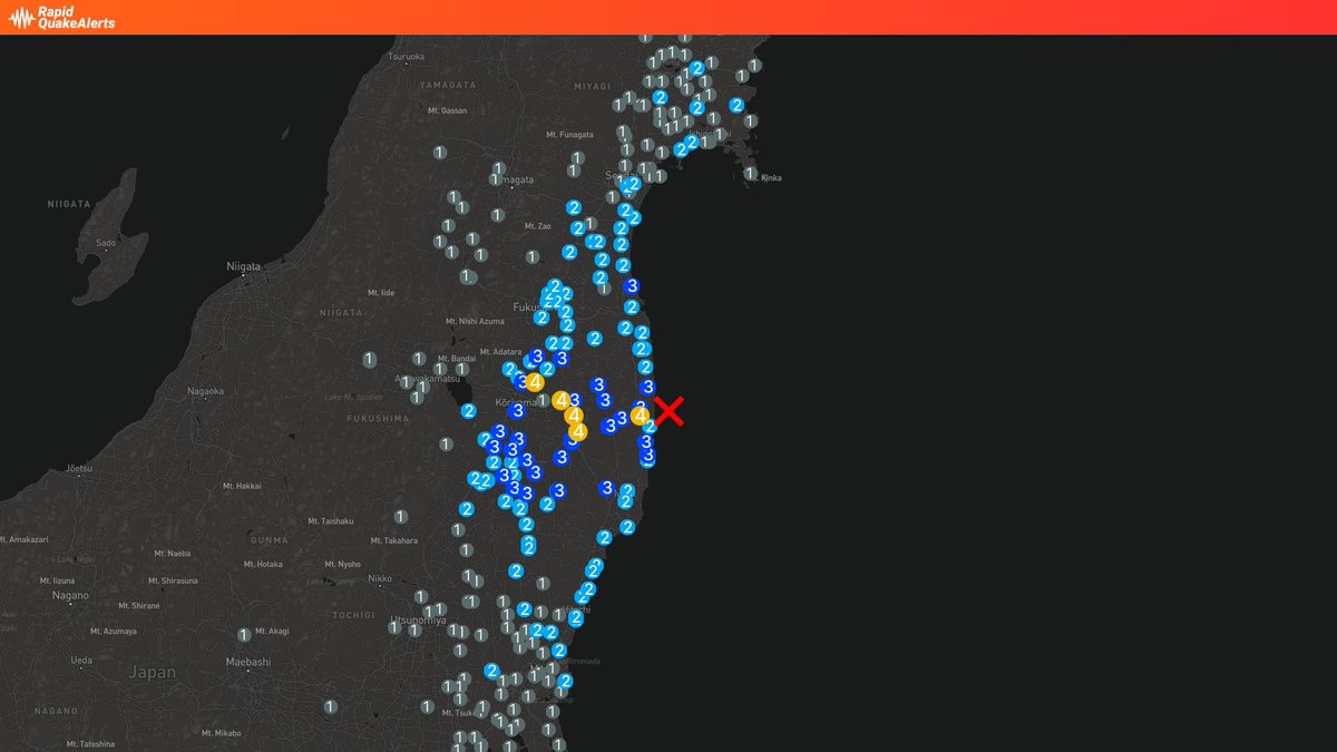RapidQuakeAlert's tweet photo. [Intensity Map] JMA Reports: A magnitude 4.6 #earthquake #地震 with a max intensity of 4 and a depth of 60km has occured 福島県沖 (Off the coast of Fukushima prefecture) at 03/10 15:28 JST. #japan https://t.co/M9yylyw41o